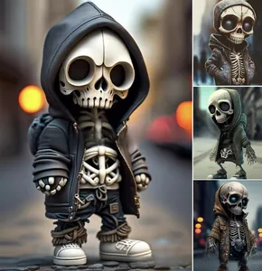 Detailed macro view of stylized skeleton figurines wearing street-style hoodies for home decor