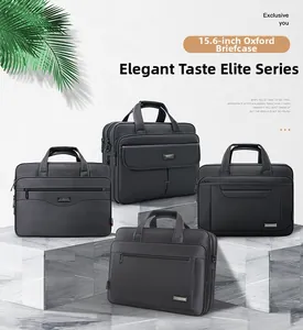 Black business briefcases made of Oxford cloth on marble display stands