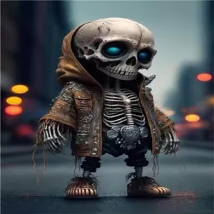Cool street style skull figurine with blue glowing eyes for Halloween home garden decor.