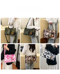 Selection of fashionable large capacity tote bags in camo and leopard prints on a model