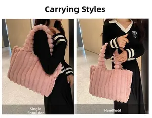 Detail showing shoulder and hand-carry styles of the pink plush tote bag
