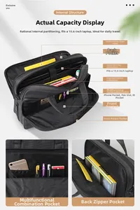 Detailed internal view showing organized compartments and storage for 15.6 inch laptop.