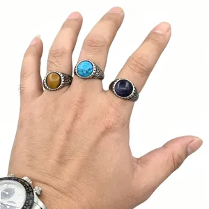 Vintage men's titanium steel rings set with tiger eye and turquoise gemstones