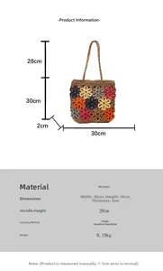 Detailed view of woven tote bag with colorful crochet flowers and dimensions 30x30cm.