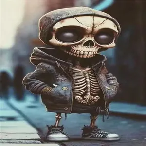 Detail showing a trendy Halloween skeleton figurine wearing a hoodie and sneakers.