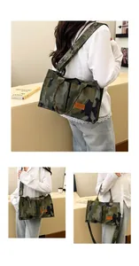 Detailed view of the large capacity camouflage tote bag with stylish wide shoulder strap.