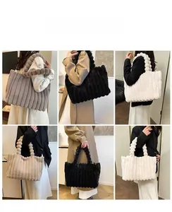 High-capacity autumn and winter plush ribbed tote bag in multiple colors shown by a model