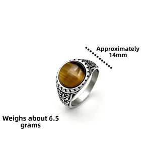 Retro men's titanium steel ring featuring tiger eye stone and intricate patterns