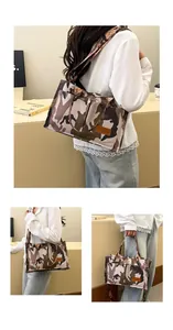 Detailed collage of a large capacity camouflage print tote bag carried by a model.