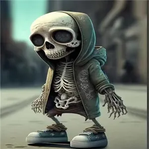 Halloween street style skeleton figurine wearing a green hoodie for home decor