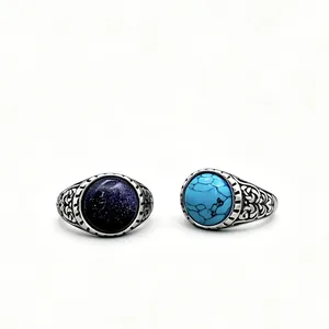 Vintage men's titanium steel signet rings with blue sandstone and turquoise gemstone inlay