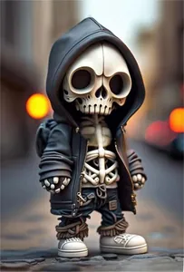 Close-up of a creative street-style skeleton figurine in a hoodie for Halloween decor