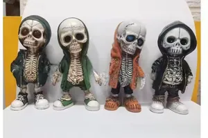 Detailed view of four trendy Halloween skeleton figurines wearing hoodies and sneakers