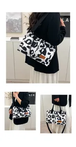 Various views of a large cow print tote bag shown worn by a model in a stylish setting