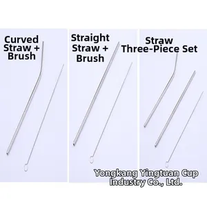 Metal stainless steel straw set including bent and straight straws with brushes.
