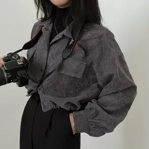 Retro chic cropped corduroy jacket with drawstring hem and loose fit for women