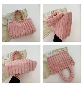 Detailed views of a pink plush tote bag with pom-pom handles for autumn and winter.