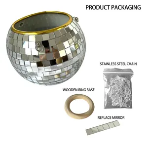 Disco ball planter packaging set including stainless steel chain and wooden base