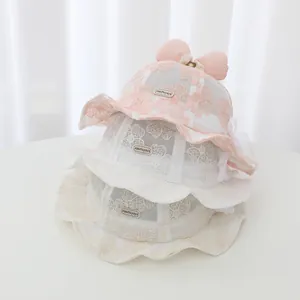 Breathable baby girl lace bucket hat with a cute bow for sun protection in summer
