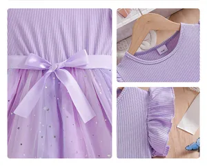 Detail views of girl's purple dress featuring star sequins, flutter sleeves, and bow