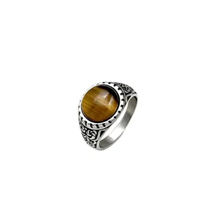 Vintage men's titanium steel ring with tiger eye gemstone and intricate floral patterns