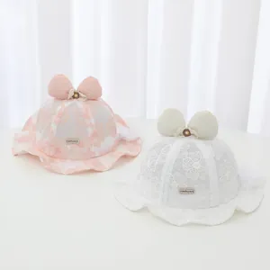 Breathable baby girl princess lace bucket hat with floral embroidery and large bow