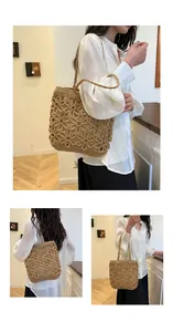 Detailed view of women carrying the woven hollow-out tote bag in a lifestyle setting