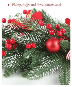 Close-up detail of lush artificial Christmas wreath with red berries and snow-tipped needles