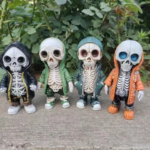 Set of 4 creative street style skeleton figurines in hoodies for Halloween garden decor