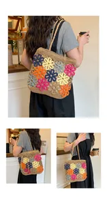Handmade crochet tote bag with vibrant floral patterns shown in lifestyle cafe setting