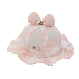 Cute pink baby girl princess lace sun hat with a large bow and breathable floral mesh