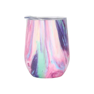 Detail of a 12oz stainless steel wine tumbler with a colorful marble swirl pattern.