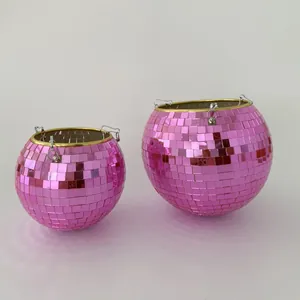 Pair of pink mirrored disco ball hanging planters in two different sizes