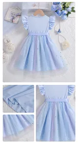 Close-up of flutter sleeves and sequined star mesh detail on a blue girls princess dress
