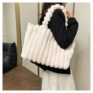 Stylish large capacity cream plush tote bag for autumn and winter commute fashion