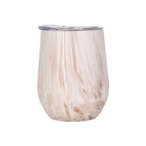 12oz insulated stainless steel egg-shaped wine tumbler with realistic wood grain finish