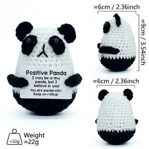 Handmade crochet positive panda doll with dimensions 6x9cm and weight details for desktop gift