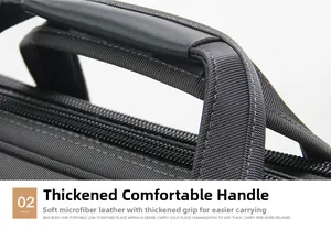 Close-up detail of the thickened comfortable handle on a black Oxford business briefcase