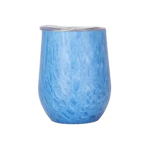 Insulated 12oz blue water-patterned stainless steel wine tumbler egg cup with clear lid