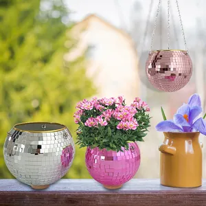 Disco Ball Hanging Planter Mirror Glass Reflective Flower Pot Indoor Outdoor Plants Garden Decor Retro Style Decoration
