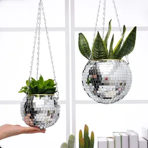 Modern silver mirror disco ball hanging planter with metal chain for indoor plants