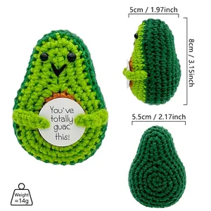Dimensions and weight detail for handmade crochet avocado plush with positive card.