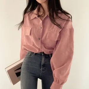 Vintage pink corduroy long-sleeved shirt jacket featuring a minimalist lapel design