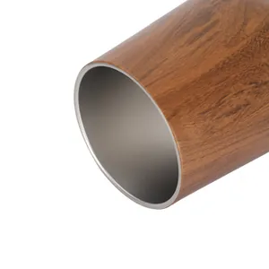 Detailed macro view of 12oz double-layer stainless steel eggshell cup with wood grain finish