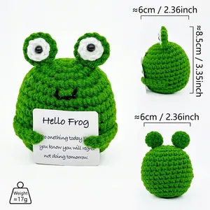 Detail showing handmade crocheted frog size dimensions, weight and multi-angle views