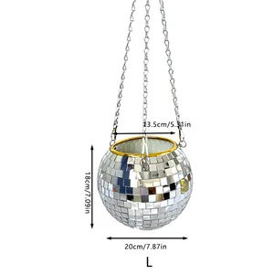 Large disco ball mirror hanging planter pot with silver chain for indoor plants