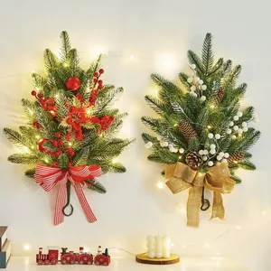 Artificial Christmas Wreath Door Swag With Pine Cones Berries Burlap Bow PE Pine Needle Wall Hanging Holiday Party Decor