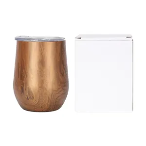 12oz double-walled stainless steel wine tumbler with wood grain finish and white box.