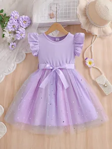 Girls Princess Dress Flutter Sleeve Ribbed Mesh Sequined Tutu Birthday Party Star Moon Decoration Summer Toddler Gown