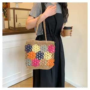 Chic handmade crochet woven tote bag with colorful hollow-out floral patterns for women